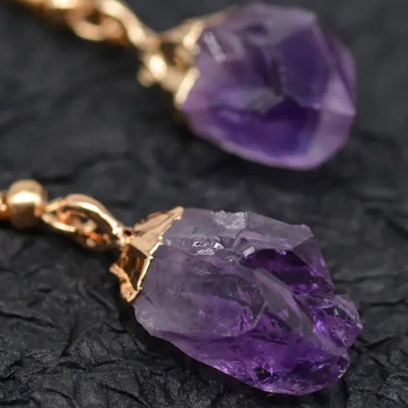 Natural Raw Amethyst Stone Dangle Earrings Purple Crystal Drop Earrings Handmade - Picture 4 of 5